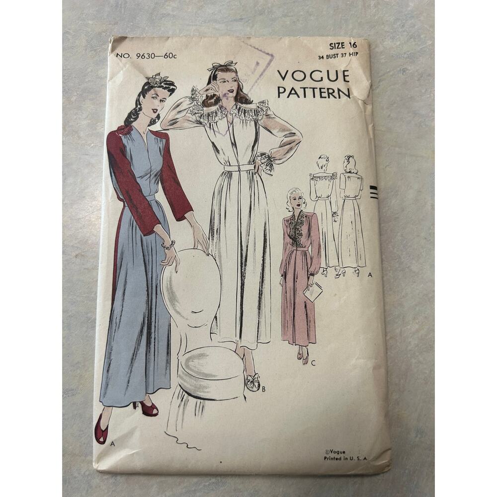 Vintage 30's-40's‎ Vogue Pattern #9630 Housecoat Negligee Size 16 HTF